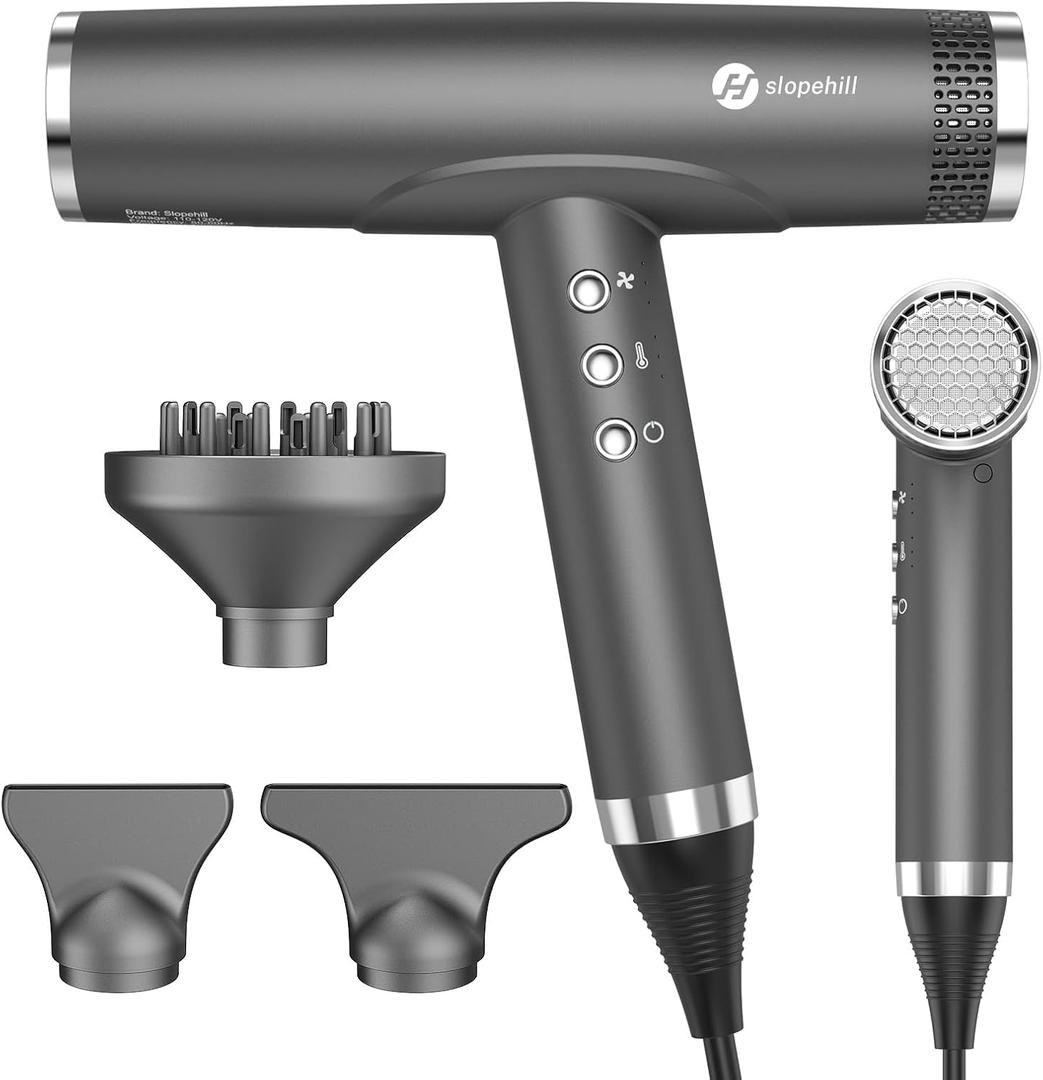slopehill Professional Ionic Hair Dryer with Diffuser - Lightweight, Compact, Powerful & Fast Salon Blow Dryer with High Speed Brushless Motor for Travel, Women & Men (Ceramic, Black)