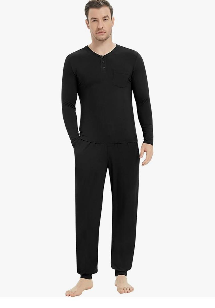 NACHILA Mens Pajamas Set Long Sleeve Henley Sleepwear Top Soft Jogger Pants Pajamas Cool Pjs Set,Viscose Made from Bamboo, XXL
