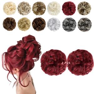 2 PCS Messy Bun Hair Piece Wavy Curly Scrunchies Synthetic Chignon Ponytail Hair Extensions Thick Updo Hairpieces for Women Girls(Dark Red)
