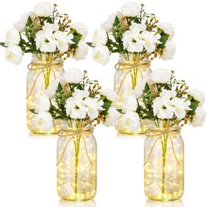 4 Sets Mason Jar with Lights White Faux Peony Decorative White Centerpieces for Tables Mason Jars Flowers Decorations LED Farmhouse Vase for Home Wedding Event Party Decor