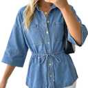 Women Denim Shirts Oversized Long Sleeve Button Down Blouse Fall V Neck Casual Top Trendy Drawstring Waist Daily Wear (Blue, Large)