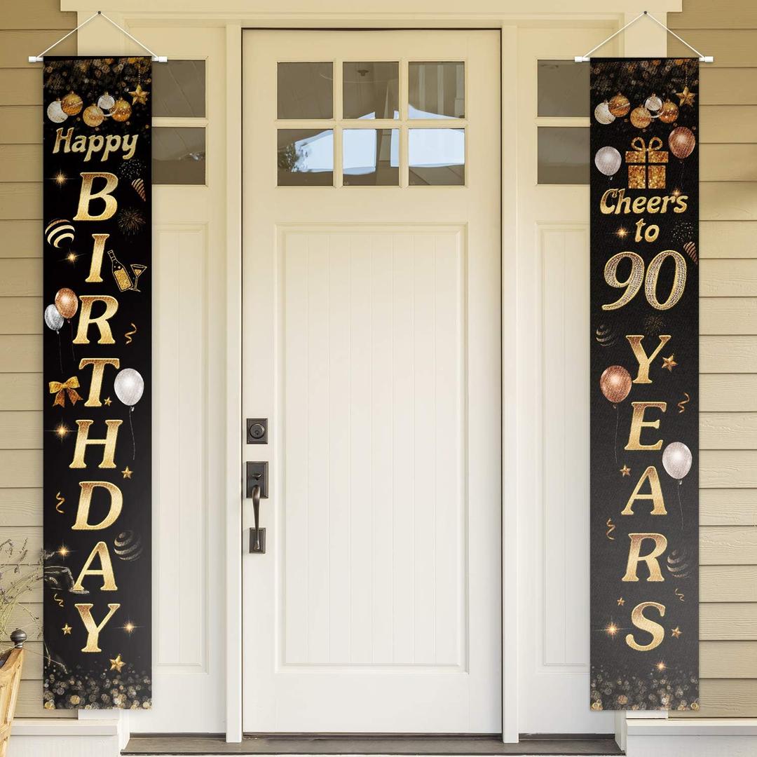 Happy Birthday Cheers to 90 Years Black Gold Yard Sign Door Banner 90th Birthday Decorations Party Supplies