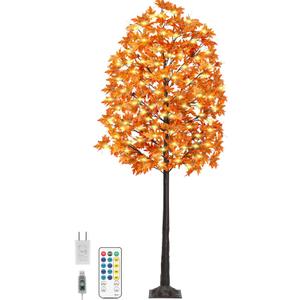 8FT 210 LED Lighted Maple Tree - Thanksgiving Decor Artificial Fall Tree with 21 Branches, 21 Acorns 420 Leaves, Remote 8 Flashing Modes, Timing, DC 5V Safe for Outdoor Wedding Party Autumn Decor
