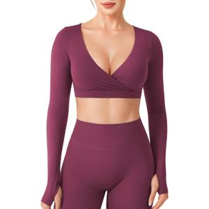 YEOREO Women Workout Long Sleeve Crop Tops Aberney Double Lined Deep V Cross Front Padded Yoga Cropped T Shirt (X-Small, Black Cherry)