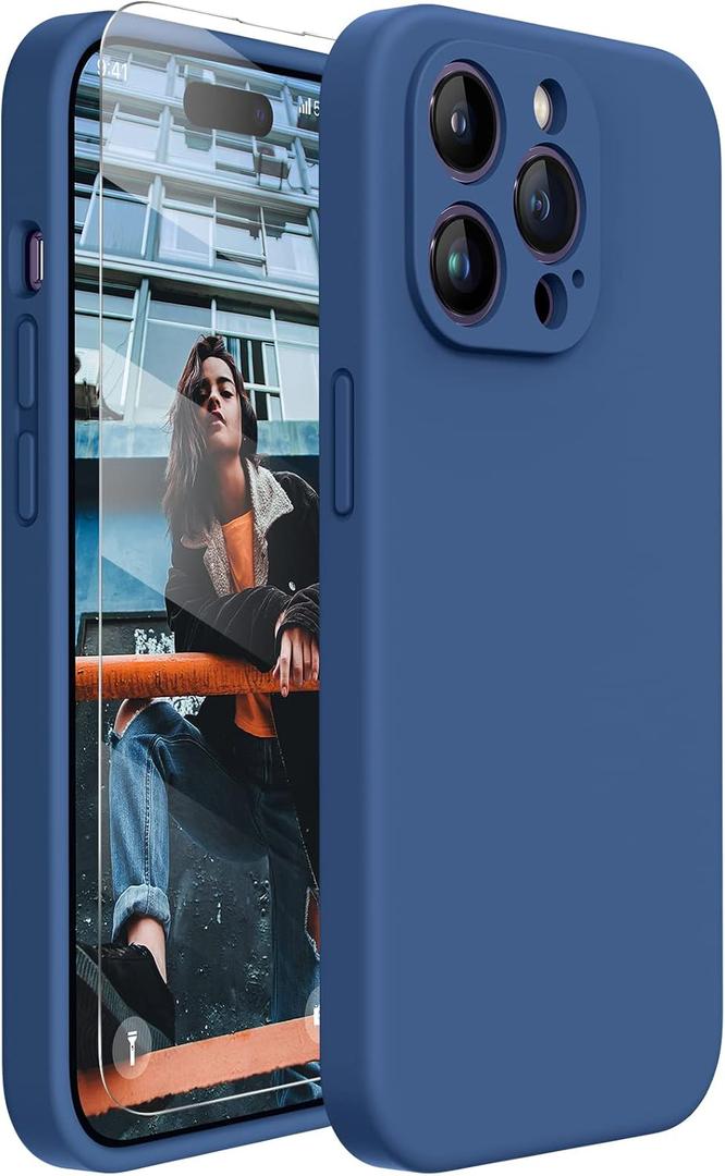 Miracase Designed for iPhone 14 Pro Max Phone Case with Screen Protector,[Upgraded Enhanced Camera Protection],Shockproof Liquid Silicone Case with Microfiber Lining,6.7 inch, Glass Blue