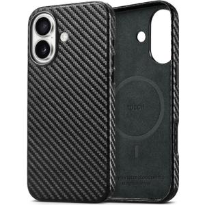 TUCCH PU Leather Case for iPhone 16 (6.1") 2024, Protective Magnetic Shockproof Slim Anti-Slip Phone Case Cover [Wireless Charging][Anti-Fingerprint] Compatible with iPhone 16, Black Carbon Fiber
