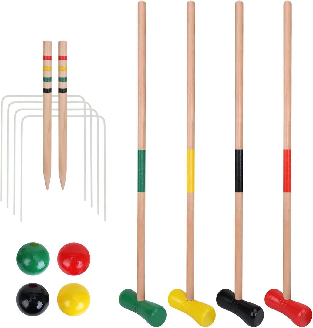 GOTHINK 4 Players Croquet Set with Wooden Balls for Adults & &Kids - Summer Outdoor Games for School Field Day Lawn Backyard Activity - 30Inch Wooden Mallets,Colored Ball, Wickets, Stakes, Medium, Small