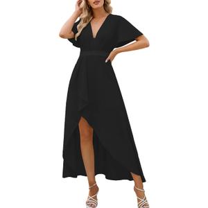 Womens Summer Short Sleeve V Neck Maxi Dress High Low Split Long Flowy Dresses Formal Cocktail Wedding Guest Dresses (XXL)
