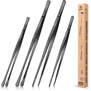 4 Pcs Fine Long Tweezer Tongs Professional Black, 12'' and 10'' Stainless Steel for Kitchen, Food, Cooking, Repairing, Sea food and BBQ