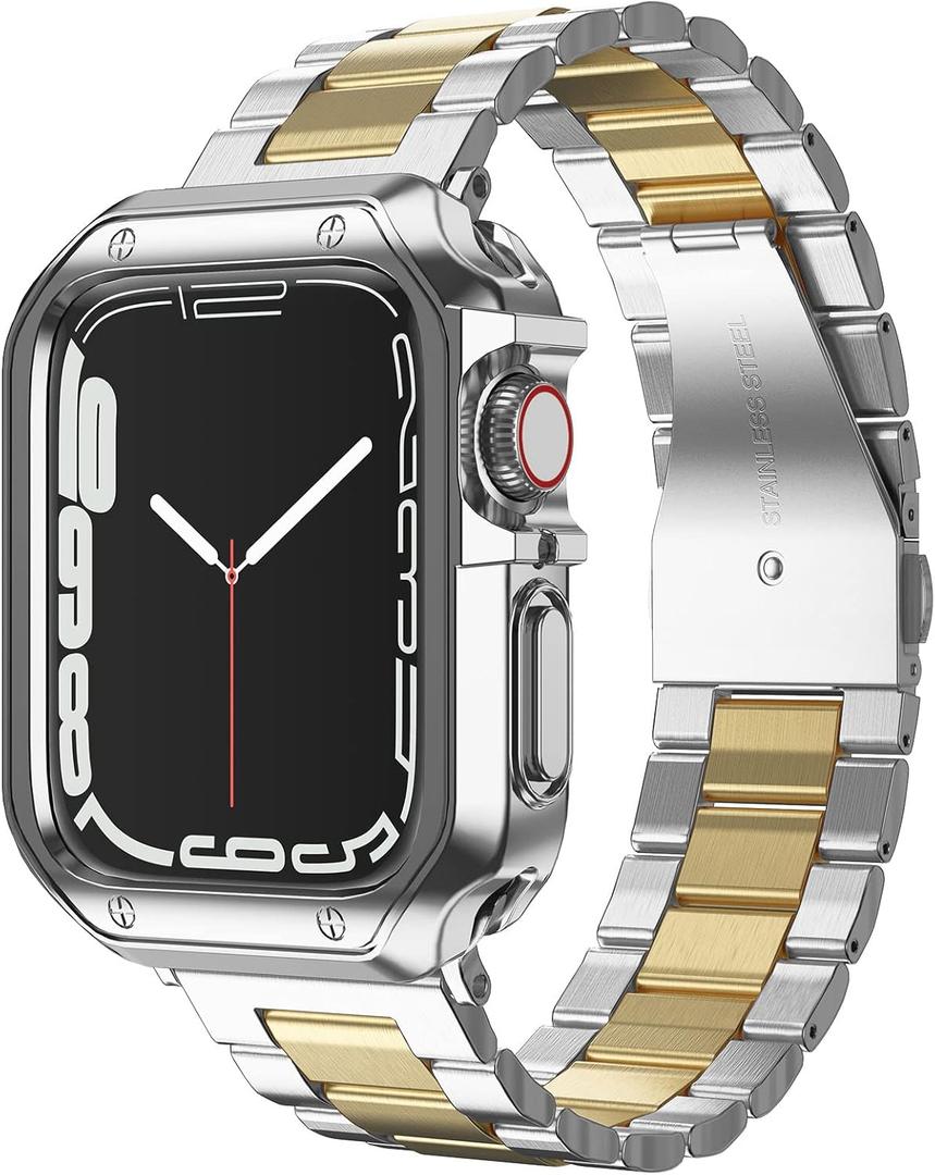 Designed for Apple Watch Band and Case, Stainless Steel Metal Chain with TPU Cover, Smart-Watch Link Bracelet Strap, Wrist-Band for i-Watch Series 9 8 7 6 5 4 3 2 1 SE, 45mm 44mm 42mm, Silver+Gold