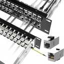 Jadaol [UL Listed] 48-Port Shielded Cat6A Patch Panel, 19” 2U Rackmount/Wall Mount Feed-Through RJ45 Panel with 48 Preloaded Shielded Keystone Couplers + 2 Spare, Up to 10Gbps, Cable Management Bar