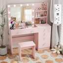 VOWNER 47" Vanity with Glass Top - Makeup Vanity Desk with Outlet, 6 Drawers, 3 Storage Shelves and Mirror, 3 Color Lighting with Dimming Brightness, Makeup Desk with Stool for Bedroom, Pink