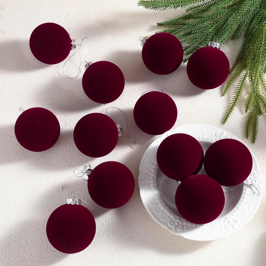 Sosation 12 Pcs 3.14" Burgundy Wine Red Large Glass Velvet Christmas Ball Ornaments Glass Flocked Christmas Tree Ball Ornaments Xmas Balls Set for Holiday Wedding Xmas Tree Decor