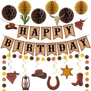 Western Party Decorations Cowboy Happy Birthday Banner Dots Garland Hanging Swirls Honeycomb Balls Set for Cowboy Cowgirl Rodeo Themed Birthday Party Decoration Wild West Country Party Decorations