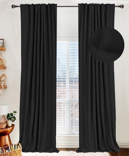 100% Blackout Shield Linen Blackout Curtains for Bedroom 84 Inches Long, Back Tab/Rod Pocket Living Room Drapes, Thermal Insulated Blackout Curtains 2 Panels Set, 50" W x 84" L, Black