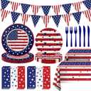 128pcs 4th of July Independence Day Party Supplies Set,Patriotic Theme Kit for Independence & Election Day Decorations,Includes Plates, Napkins, Forks,Knifves,Banner, Tablecloth Serve 25
