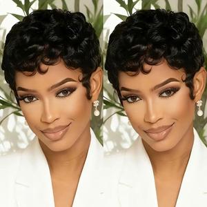 VRZ Pixie Cut Wigs Human Hair Glueless Wear and Go Pixie Cut Curly Style with Bangs for Black Women Short Layered Human Hair Wigs 1B Natural Looking for Daily Wear