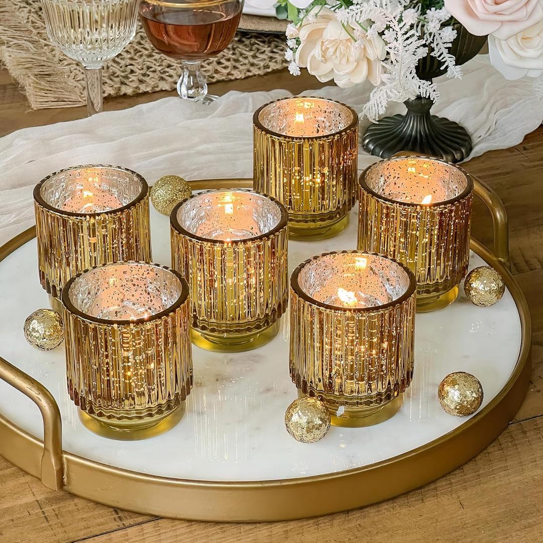 Kate Aspen Gold Votive Candle Holders - Vintage Ribbed Glass Candle Holder Set of 6 - Mercury Glass Tealight Holders for Christmas Table Decor, Holiday Centerpieces, Fall Thanksgiving Tablescape (One Size)