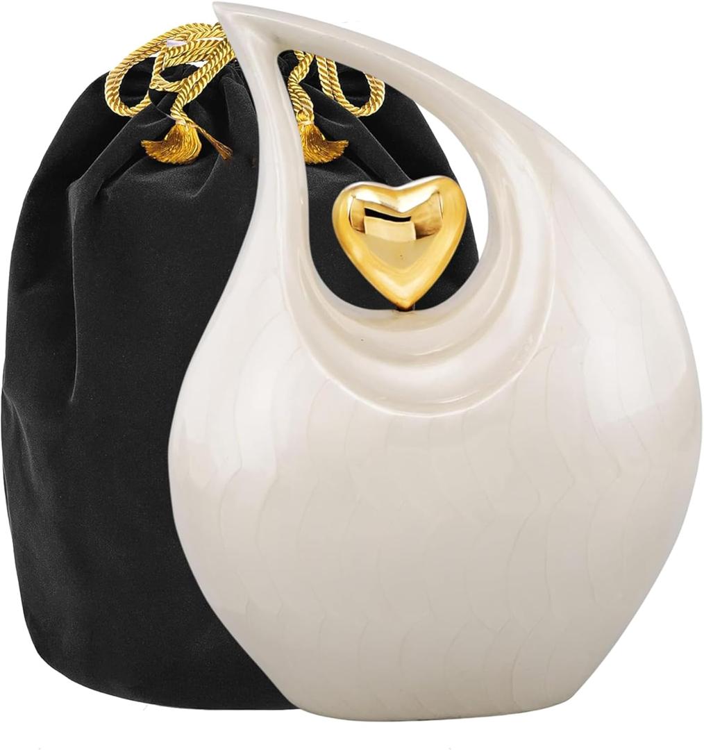 Heart of Love Cremation Urn for Human Ashes Adult, Large Funeral Urn for Ashes, Decorative Memorial Burial Urn for Loved One (White Gold, Adult) (Adult Non-Customize)