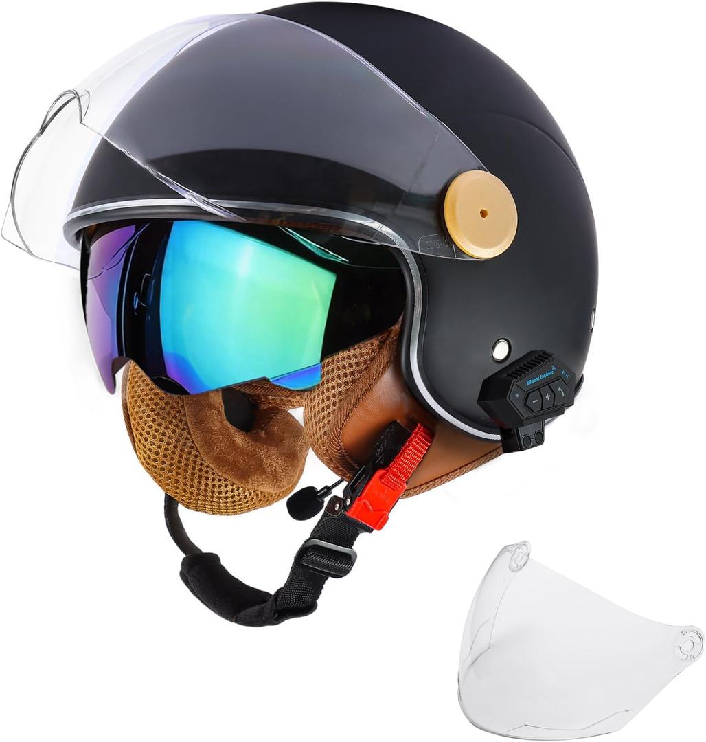 Retro Bluetooth 3/4 Open Face Motorcycle Half Helmet for Men Women - Dual Visors DOT Approved Lightweight Vintage Motorbike Helmet for Scooter Moped ATV Street Dirt Bike Commuting (Black, XL)
