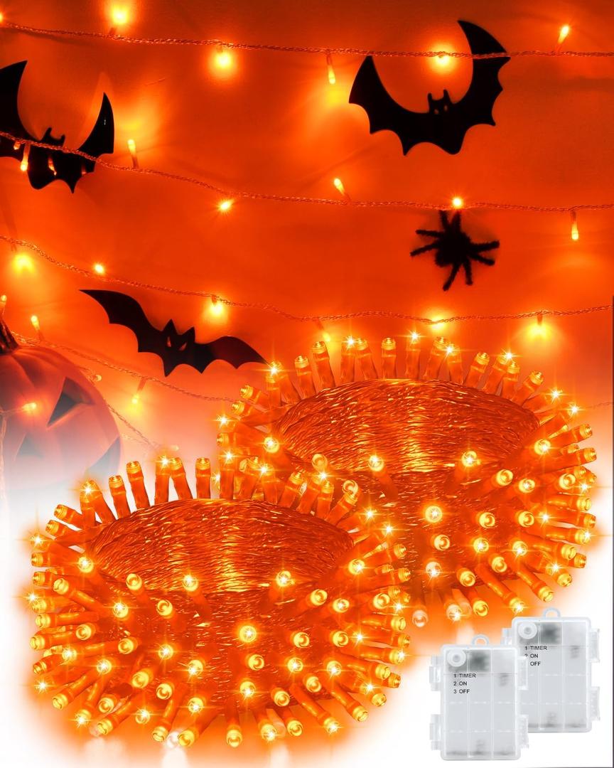 Halloween String Lights Battery Operated, Orange Lights for with Timer Waterproof 16.4ft 50 LED Halloween Decorations for Outdoor Indoor Patio Party Garden Yard Decor 2 Packs