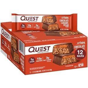 Quest Nutrition Crispy Chocolate Caramel Pecan Hero Protein Bar, 15g Protein, 1g Sugar, 3g Net Carb, Gluten Free Protein Snack, Keto Friendly, 12 Count (BB: April 27 2026)