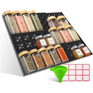 Adjustable 3-Tier Drawer Spice Organizer – Thick Plastic, Non-Slip, Fits 11"-22" Kitchen Drawers, Includes Labels & Funnel (No Jars)