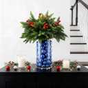 Giegxin 85 Pcs Bule Christmas Centerpiece for Table DIY Farmhouse Xmas Decor for Dinning Table 5 Artificial Pine Branches 70 Vase Filler Balls 8 Red Berries 1 Glass Vase for Kitchen Tabletop Decor (Blue)