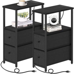 TUTOTAK Small Narrow End Table with Charging Station, Set of 2, Side Table with Outlets, Nightstand with 2 Cloth Drawers, Couch Table, for Living Room, Bedroom, Bedside, Black TB01BK055