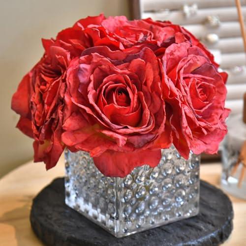 YSZL Artificial Rose in Glass Vase Vintage Silk Flower Arrangement with LED Light for Table Centerpiece Home Wedding Decoration (Red)