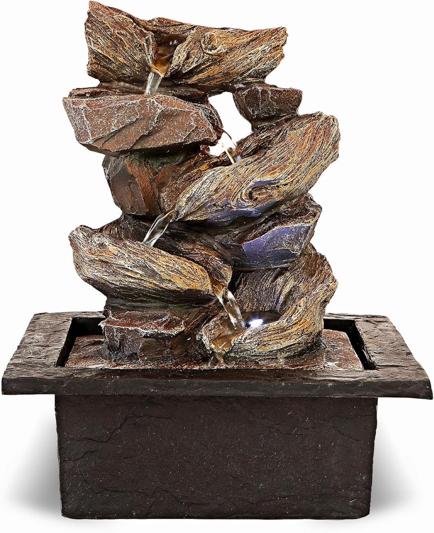 Father'sDen Collection 11-inch Waterfall Fountain Indoor - Tabletop Water Fountain - Indoor Fountains and Waterfalls with Soothing Sounds & In-Pot LED Light Enhancement