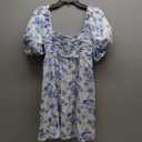 Floerns Women's Floral Dress Puff Sleeve Dress Square Neck Summer Vacation Picnic Mini Dresses (Medium, Blue and White)
