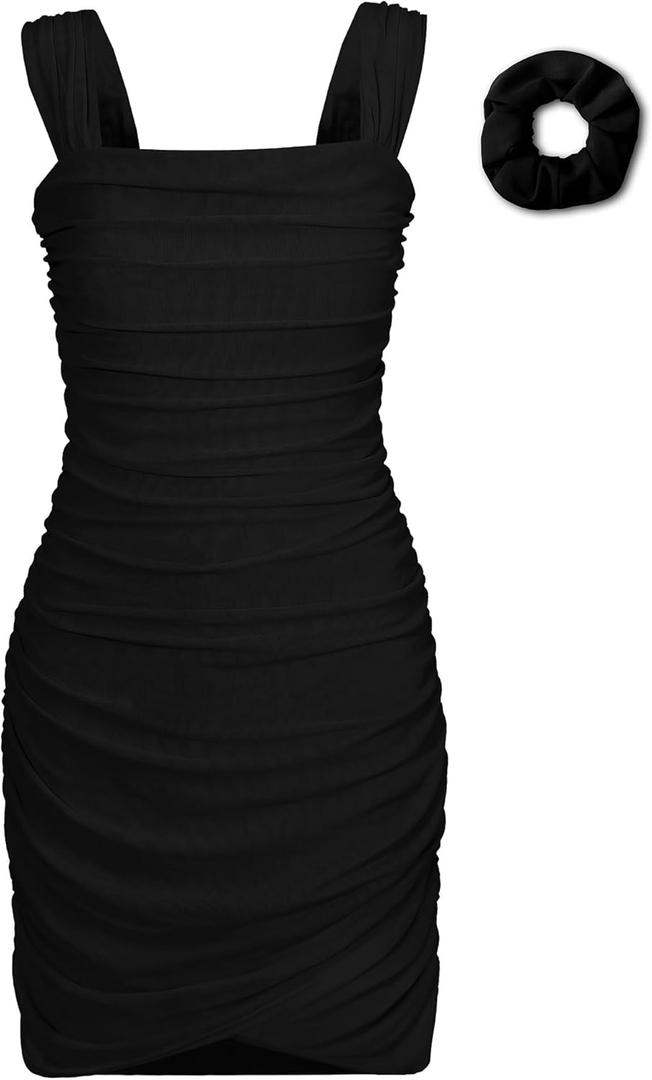 EXARUS Girls Party Dress with Built in Bra Teen Ruched Bodycon Mesh Front Wrap Hem Tween Dance Tight Mini Pencil Dresses (12 Years, Black)