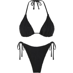 ZAFUL Bikini Sets for Women Halter Two Piece Swimsuit Ribbed High Cut Tie Side Thong Bathing Suit Sexy Padded Swimwear (Black) XS