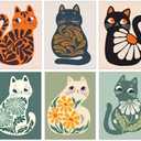 FEOFTIE Cat Wall Art Neutral Boho Poster Plants Retro Animal Pictures Print Green Posters Mid Century Printing Colorful Cat Art Vintage Orange Bedroom Bathroom 24x16 Inch Set of 3