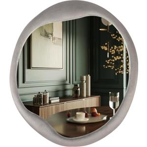 Irregular Asymmetrical Wall Mirror- 24"x28"Gray Felt Fabric Padded Wavy Wall Mirror for Living Room, Bedroom, Hallway,Dressing Room & Farmhouse-Circular Cloud Vanity Mirror Decorative (Grey)