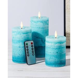 Gradient Teal Flameless Candles with Remote and Timer, Real Wax Made LED Pillar Candles Battery Operated with 3D Flickering Flame - 3" x 4",5",6" - Set of 3 Turquoise Candles