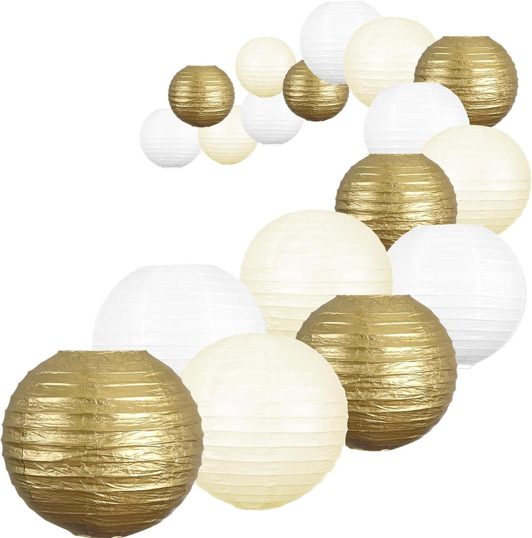 UNIQOOO 18PCS Metallic Gold Paper Lantern Wedding Decoration Set, Assorted Hanging Gold Japanese Paper Lantern, Reusable Easy Assemble, For New Year Christmas Birthday Baby Shower Party Favor Supplies