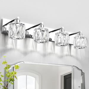 VOLISUN Crystal Vanity Lights for Bathroom, 4 Light Modern Stainless Steel Bathroom Light Fixtures Over Mirror, Chrome Bathrooms Lights Fixtures - UL Certificated (Exclude Bulb)