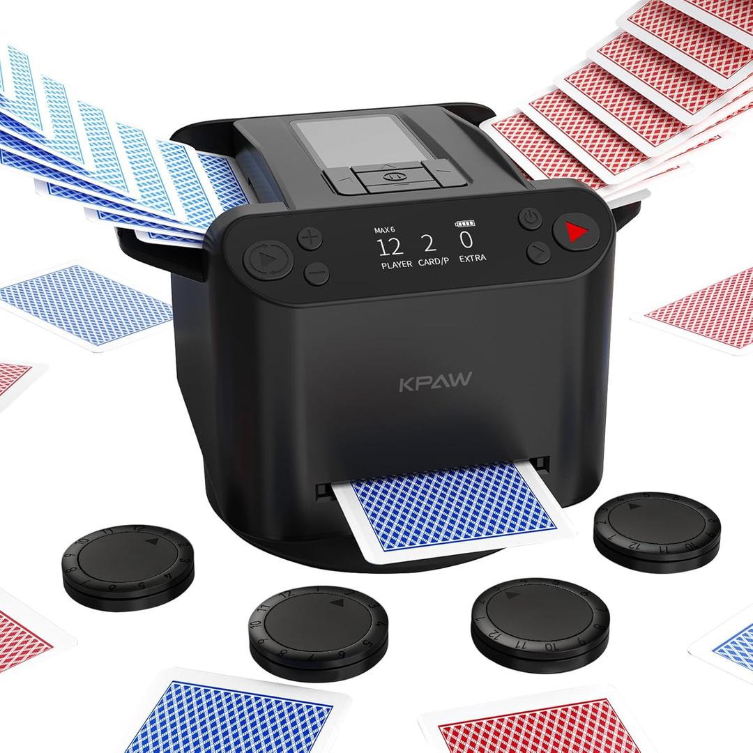 Automatic Card Shuffler and Dealer - 1-2 Decks Support 12 Players, 4 Drawing Remotes, Built-in Gameplays, 360/180 Deal, for Poker, UNO, Phase 10, Skip-Bo, Rummy (Black)