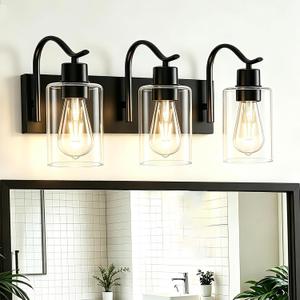 20 Inch Bathroom Light Fixtures, 3-Light Black Vanity Lights, Bathroom Lighting Fixtures Over Mirror with Clear Glass Shade, Wall Lamp for Bathroom Bedroom Cabinet (Bulbs Not Included)