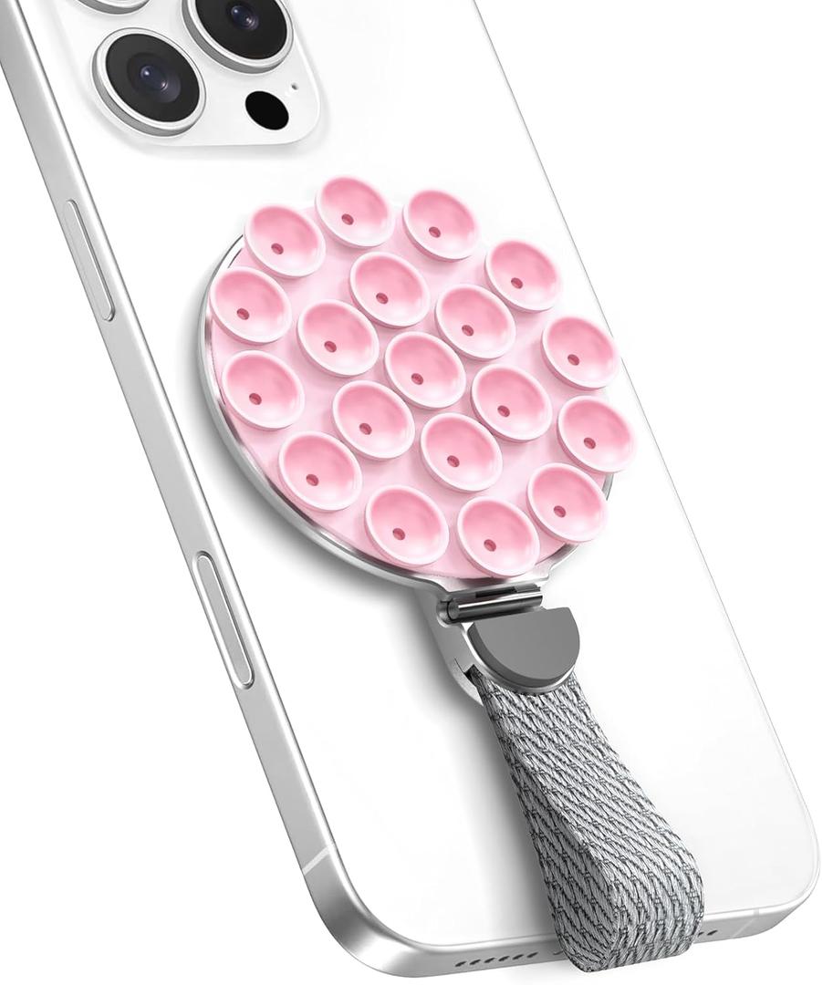 MagSuction Grip Magnetic Phone Grip Holder for MagSafe, Silicone Suction Phone Mount, Adjustable Kickstand with Finger Loop, Compatible with iPhone 17/16/15/14/13/12 Series (Silver&Pink)