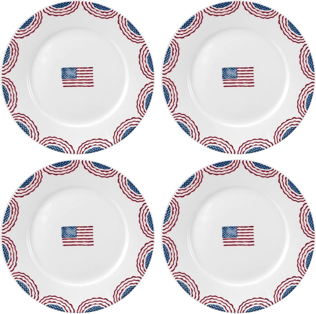 4 Pcs 10 Inch 4th of July Plates Patriotic American Flag Independence Day Ceramic Dinner Dessert Plates for Fourth of July Memorial Day Veterans Party Dinnerware Decorations Supplies