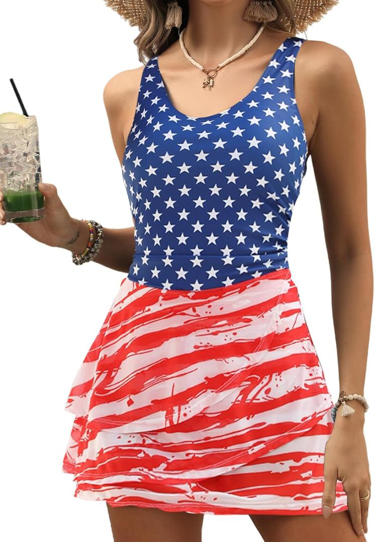 CiCiBird Women One Piece Tummy Control Swimsuit Modest Swim Dress Bathing Suit Skirt Swimwear (X-Large, Z American Flag 2)