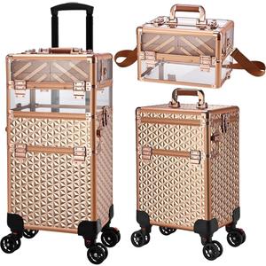 Rolling Makeup Train Case, 3-in-1 Makeup Trolley, Cosmetology Case on Wheels, Travel Makeup Organizer Case for Salon Barber Cosmetology Students, Nail Technicians, Hairstylists, and MUAs
