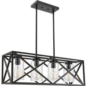 4-Lights Black Farmhouse Rectangle Chandelier Dining Room Light Fixtures, 30.4-Inches Length Contemporary Kitchen Island Pendant Lighting with Seeded Glass Lampshades