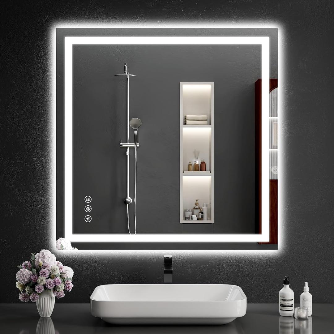 36"x36" LED Bathroom Mirror with Lights, Dimmable, Anti-Fog, Lighted Bathroom Vanity Mirror for Wall, Backlit + Front Lit, Memory Function, Shatter-Proof, Tempered Glass
