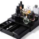 Cologne Organizer for Men, 3-Tier Cologne Stand with Drawer and Hidden Compartment, Wooden Cologne Shelf for Perfume Display Holder, Great Gift for Men, Black