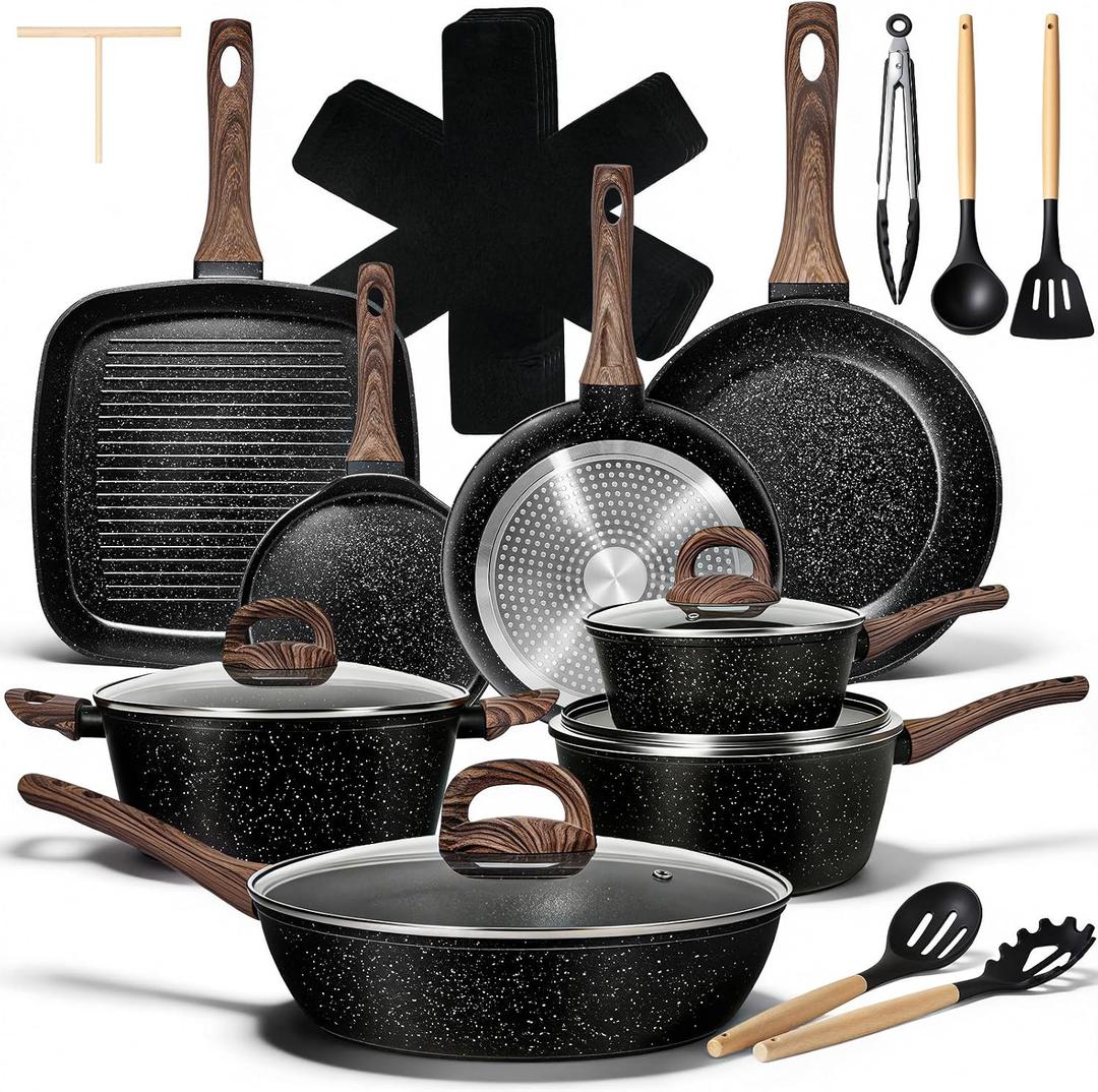 EWFEN 25 Pcs Pots and Pans Set, Nonstick Ceramic Cookware Sets, Healthy Non-Toxic, Large Capacity, Induction Compatible, Cooking Set with Frying Pans & Saucepans, PFAS/PTFE/PFOA Free, Classic Black, 25 Pieces
