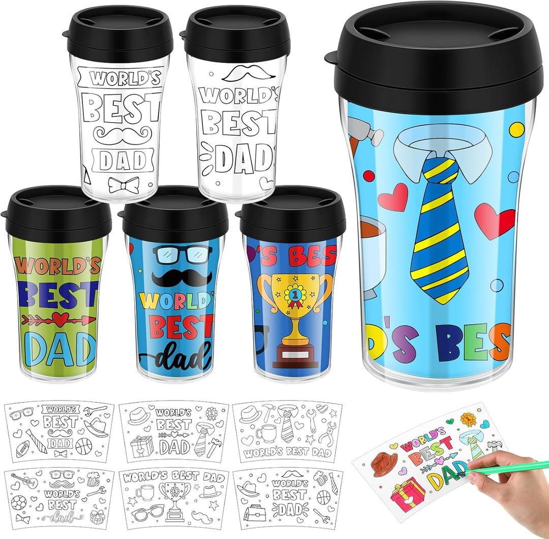 Set of 48 Father's Day DIY Color Your Own Cups 10 oz Coloring Cups Color Your Own Plastic Mugs for Adults Party Favors Crafts Home Activities Father Gifts